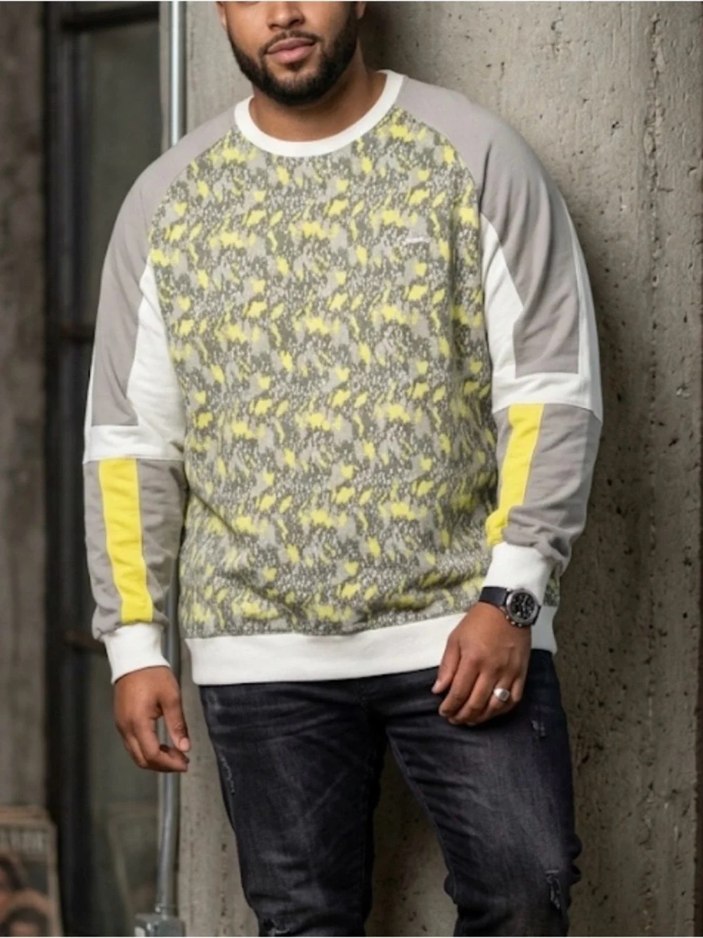 A. Tiziano Men’s Logan Knit Yelllow Gray Crewneck Sweater Color Blocked 5XL